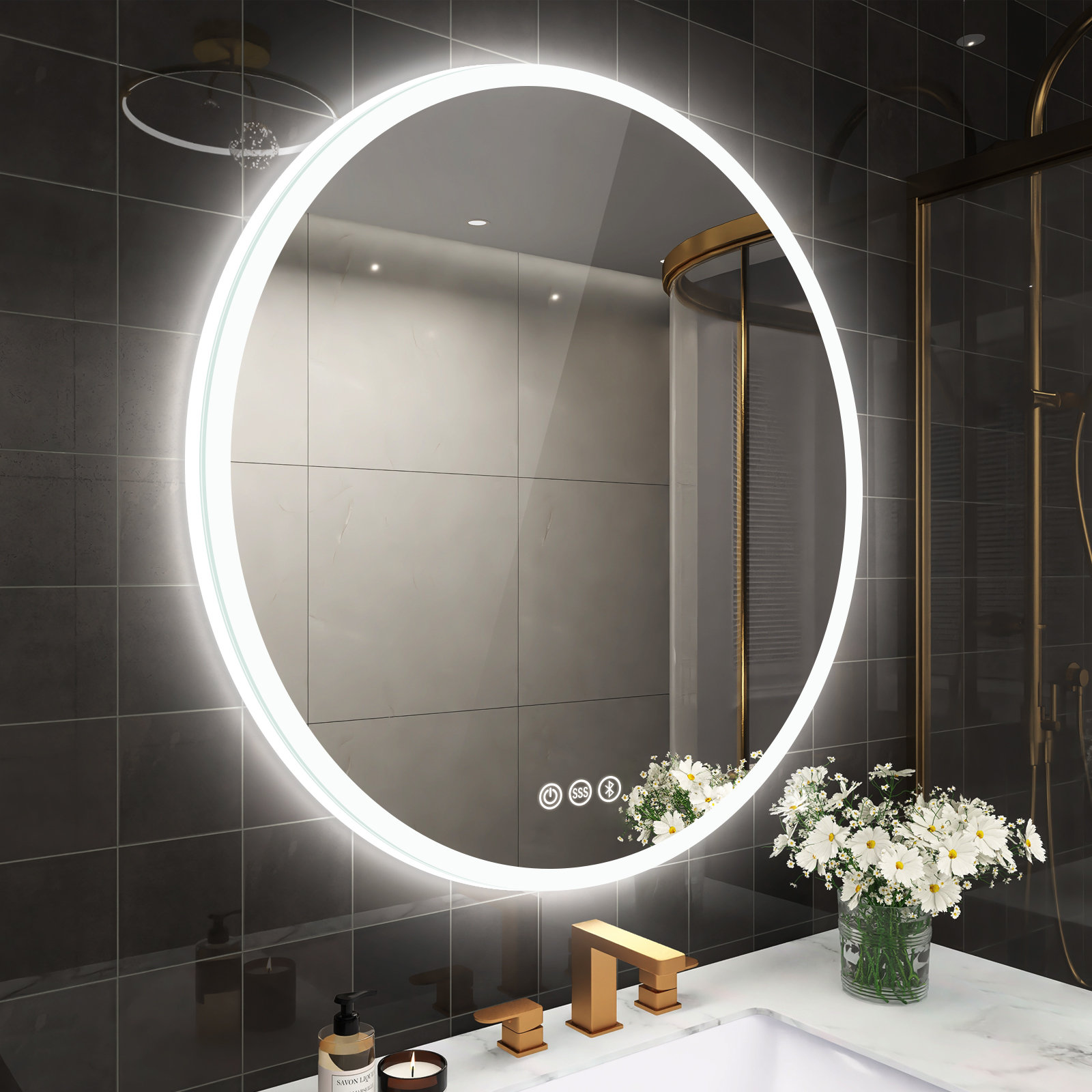 Epperly LED-Round-Bathroom-Mirror/ LED-Mirror/ Defogging/ Bluetooth  Speakers/ Dimmable/ Colour Adjustable