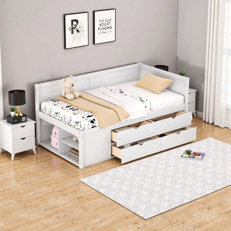 Lit de jour simple blanc avec tiroirs et tablettes de rangement, structure en bois massif, conception peu encombrante, Blanc