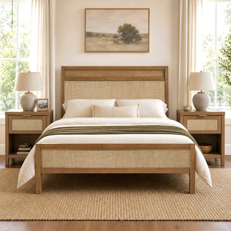 Ensemble de chambre bohème en rotin, 3 Pcs: Bed, 2 Nightstands