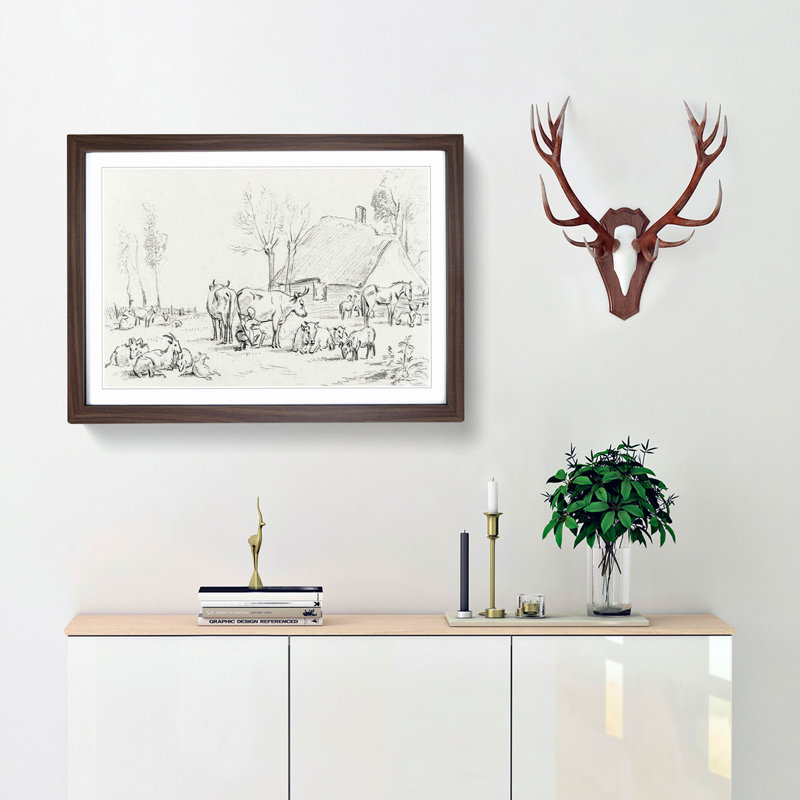 Farm Animals by Jean Bernard - Picture Frame Drawing Print, Walnut Framed, 48cm H x 65cm W x 2cm D