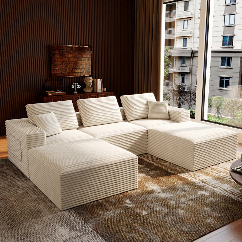 Abdou 106.2" U-Shaped Compression Sectional Sofa With Chaise, Corduroy Cloud Couch, White, White Corduroy