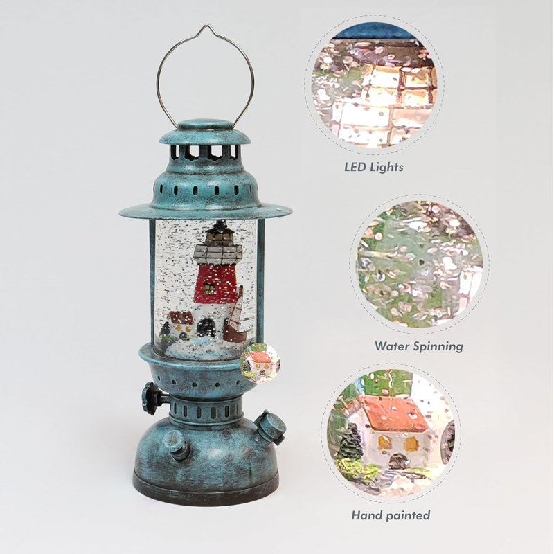 Rustic Blue Acrylic LED Lantern with Hand-Painted Lighthouse Scene