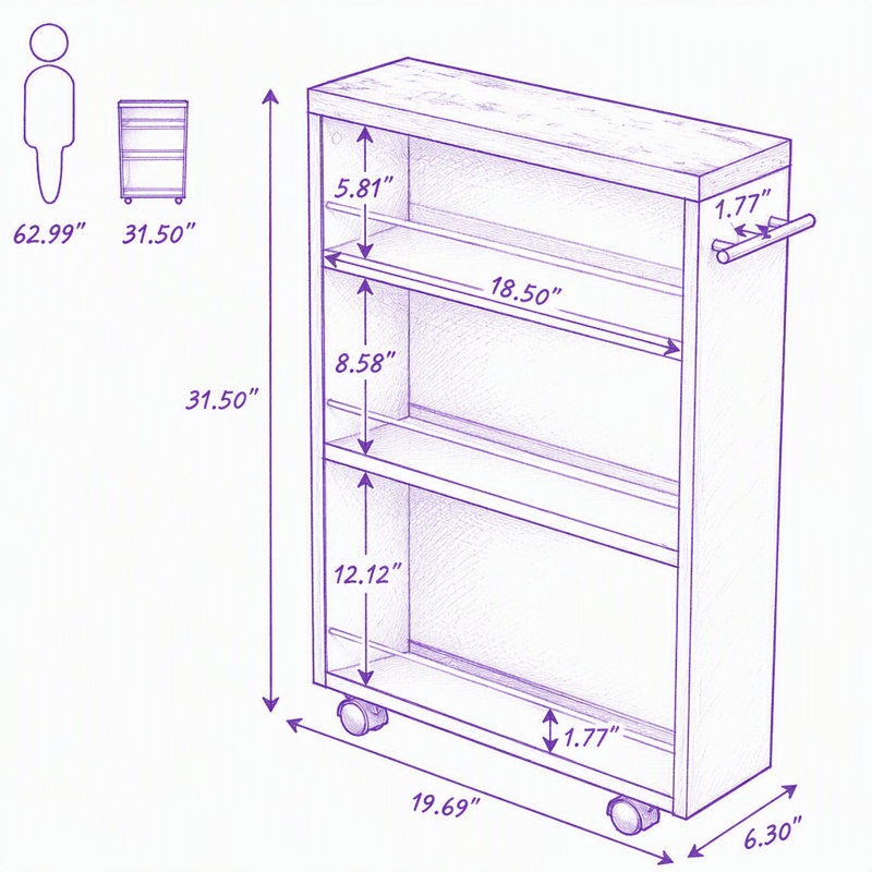 Chariot de rangement à 4 niveaux, chariot de cuisine étroit et mobile pour petits espaces, Black