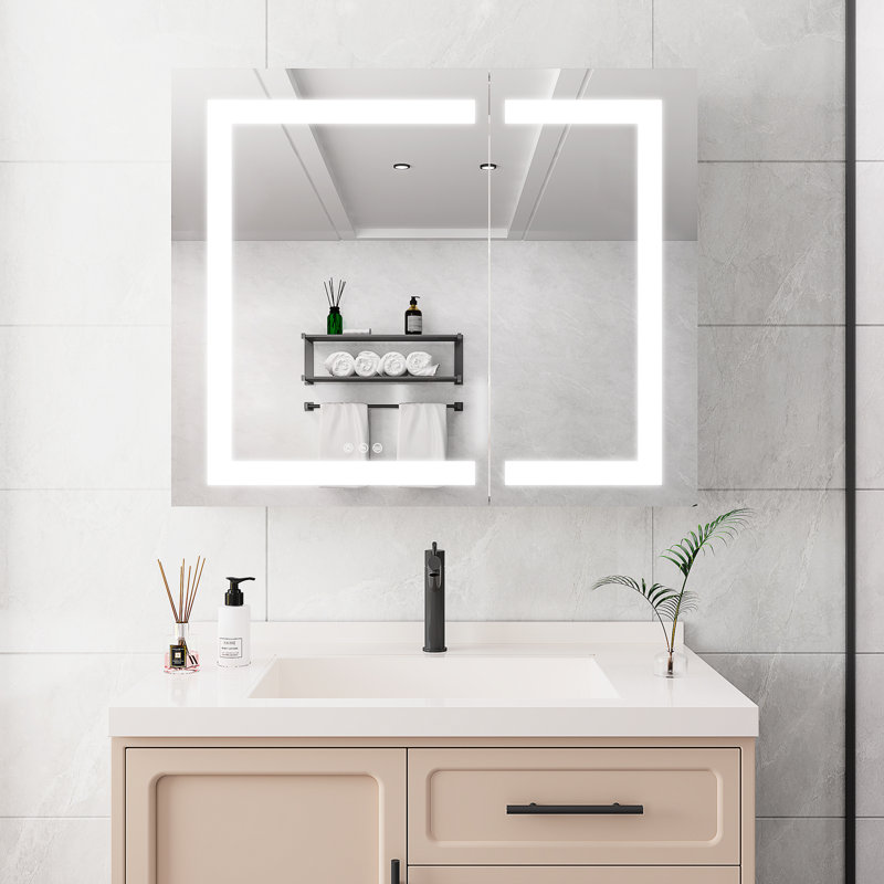 36X30 Inch Led Medicine Cabinet For Bathroom - Fog Double Door Copious Storage Space Adjustable Brightness & Colour Temp Touch Control Mirror With Feature, Doors, 3000K 6000K , 4+ Drawers, Recessed