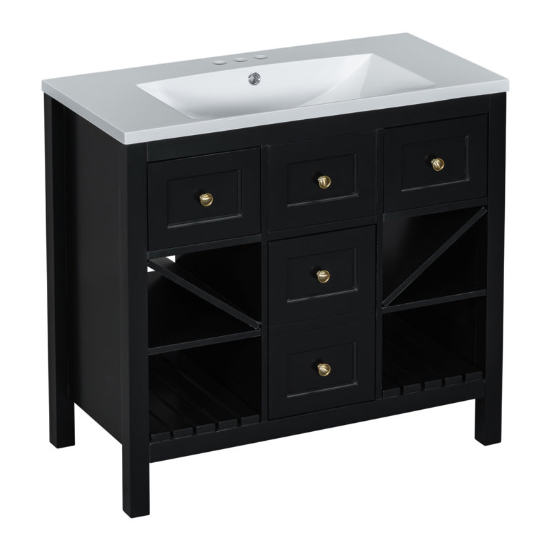 Meuble-lavabo sophistiqué avec lavabo en résine et rangement abondant, Noir, noir, noir, noir
