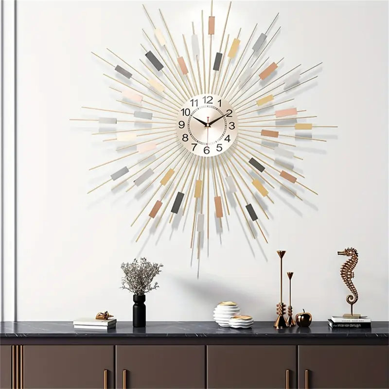 Grande horloge murale moderne 23,6 po, art en fer 3D fait à la main, conception géométrique multicolore silencieuse, idéale pour le salon, la chambre à coucher, la salle à manger, l'horloge murale