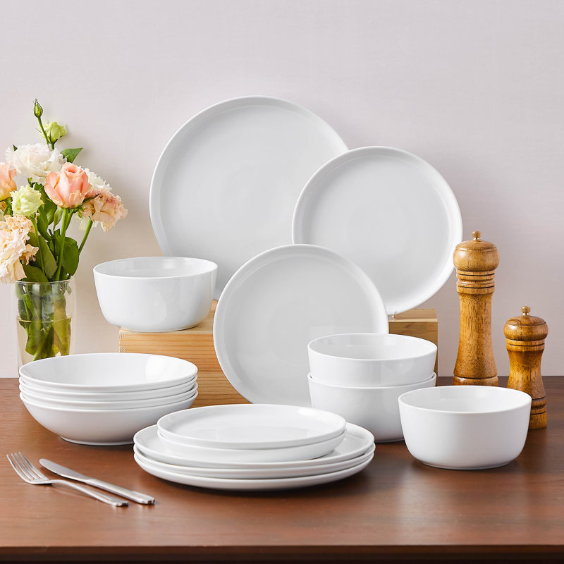 Ensemble de 16 pièces de vaisselle en céramique blanche, design moderne et peu encombrant à bords arrondis pour 4 personnes, parfait pour la maison, les cadeaux et les réceptions