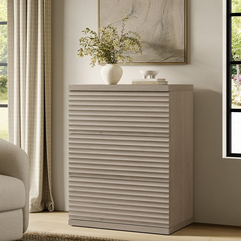 Modern Fluted 3-Drawer Dresser With Pop - Up Design, White Alder