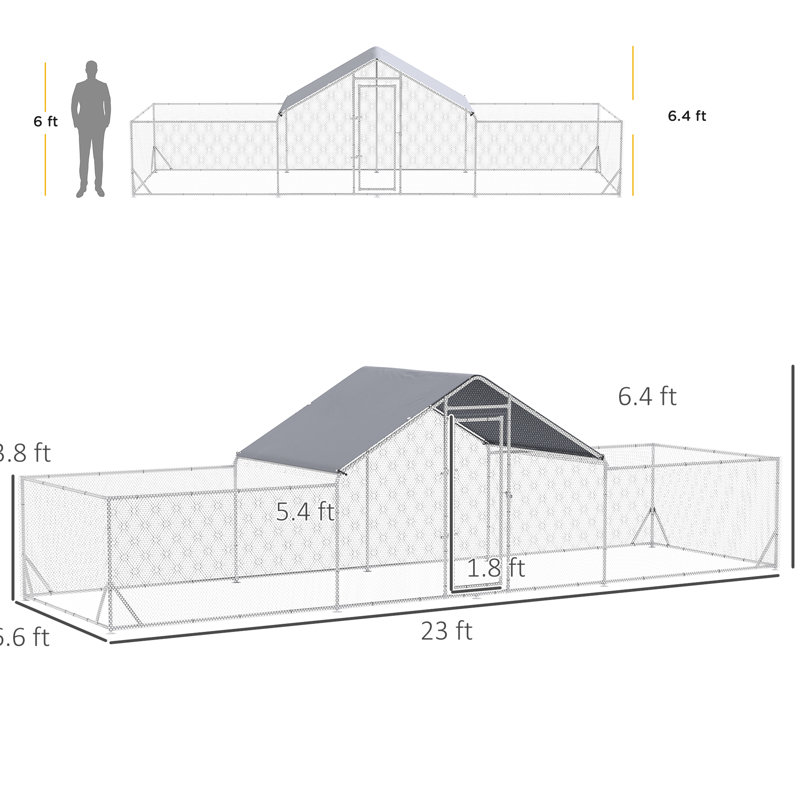 Spacieux poulailler en métal, imperméable, pour l'extérieur, 23 pi x 6,6 pi 6,4 po