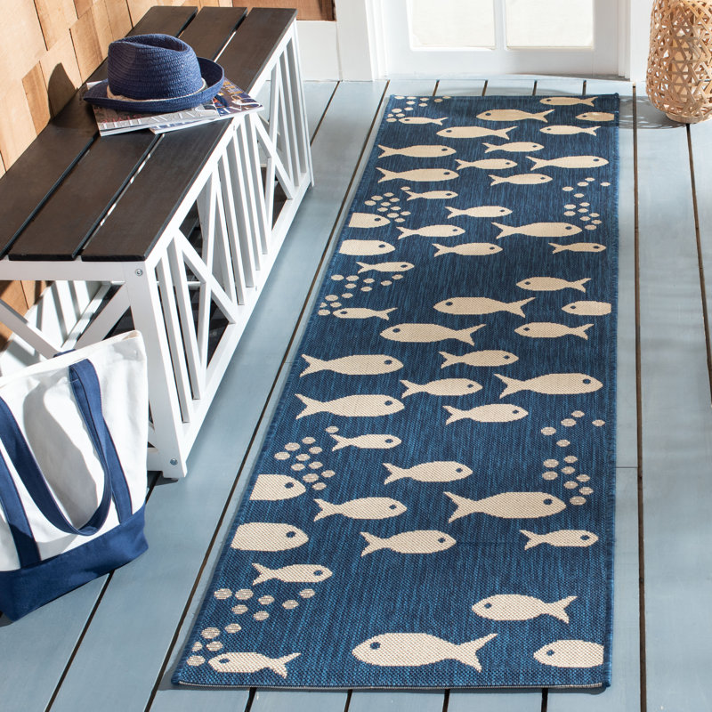 Tapis intérieur / extérieur bleu marine / beige Avani, Tapis de couloir 2 pi 3 po x 8 pi