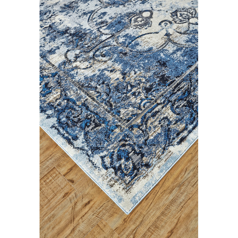 Tapis oriental bleu / blanc, Rectangle 4 pi 3 po x 6 pi 3 po