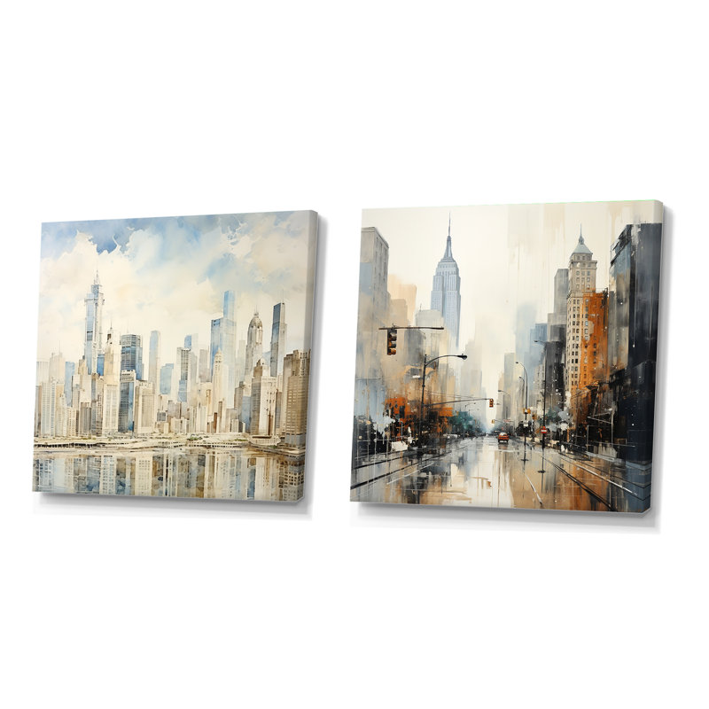 Ivoire Infinity Skyscraper Cityscape II - ensemble de 2 gratte-ciel carrés, Toile tendue, H 16 po x l 33 po
