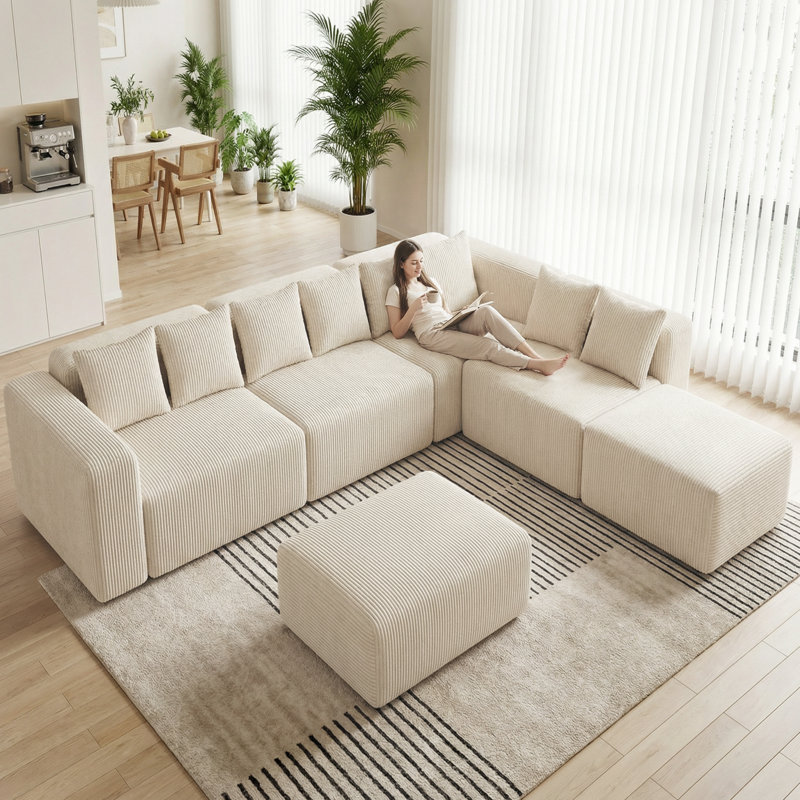 Canapé modulaire modulaire désossé avec méridienne, très grand canapé minimaliste avec sièges profonds, Blanc