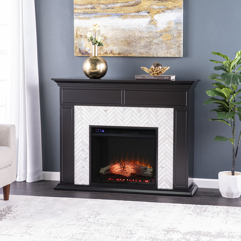 Marble Tiled Touch Screen Electric Fireplace Black