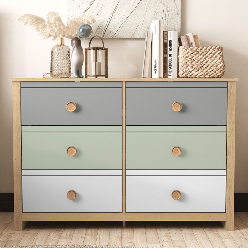 Bustillo 46.1'' W kids 6 -Drawer Dresser, Oslo Oak/Cool Grey/White/Light Green