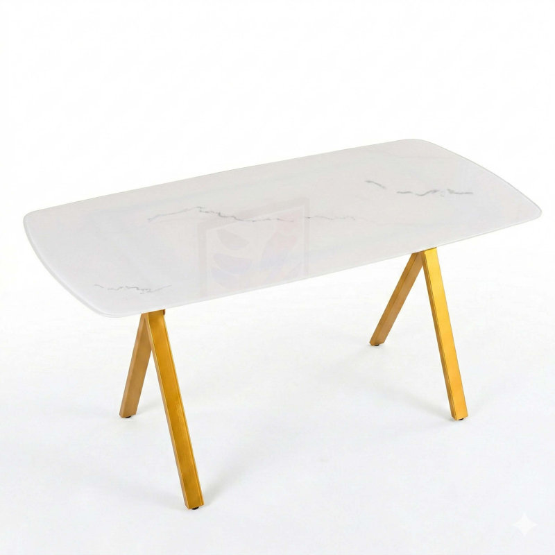 Table de salle à manger rectangulaire en verre trempé avec surface à motif marbré et pieds en métal au fini doré pour une stabilité supérieure et une utilisation moderne au restaurant ou à la maison.