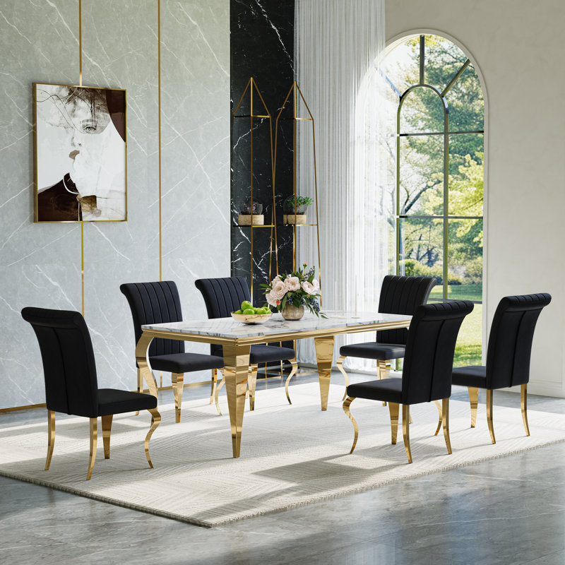 Ensemble repas avec plateau en faux marbre et chaises rembourrées, 7 pièces : table, 6 chaises, Doré / noir / doré