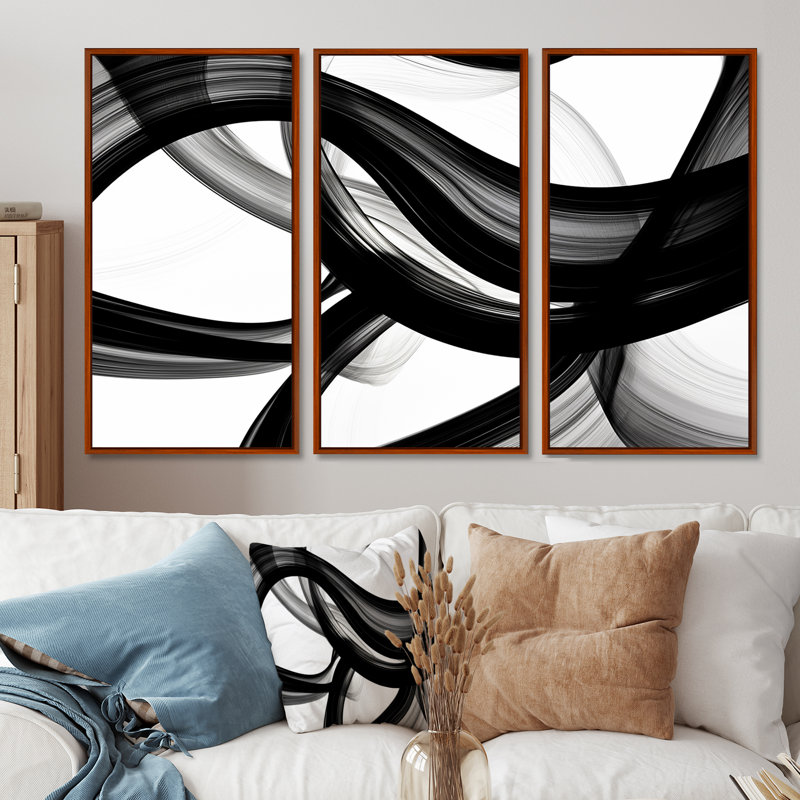 Vagues abstraites blanc noir tourbillons - ensemble d'art mural paysage urbain, Cadre flottant brun