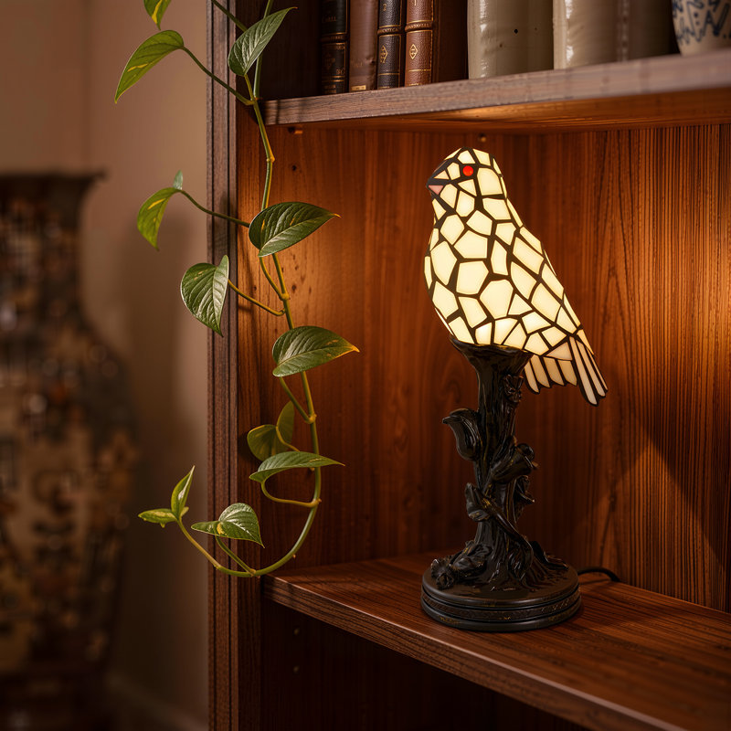 Lampe de table moderne en forme d'oiseau 12 po avec abat-jour en verre coloré, interrupteur marche / arrêt en ligne, douille E12 avec ampoule de 7 W incluse, pour la chambre à coucher, le salon, le bureau personnel et le bureau