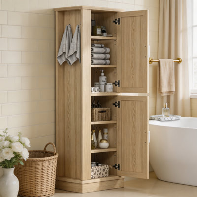 Tall Bathroom Storage Cabinet, Freestanding Storage Cabinet with Side Hook and Adjustable Shelf – MDF Linen Cabinet for Bathroom, Laundry Room & Entryway, Natural