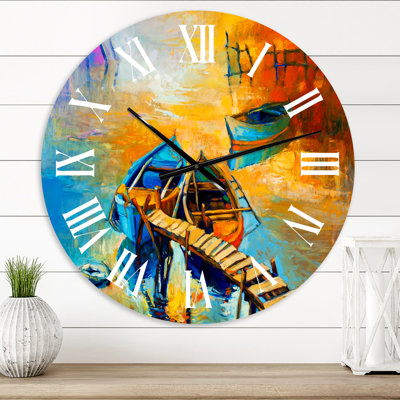 Boat During Evening Glow At The Lake V - Nautical & Coastal wall clock
