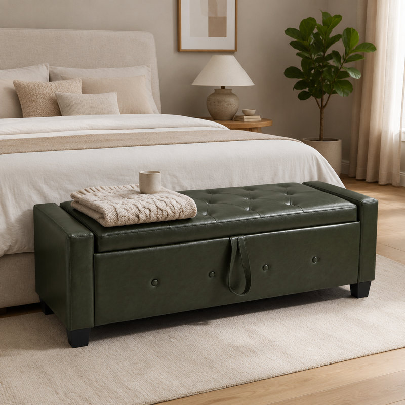 Banc de rangement vert olive, repose-pieds long en similicuir avec rangement caché pour le salon de l'entrée de la chambre à coucher