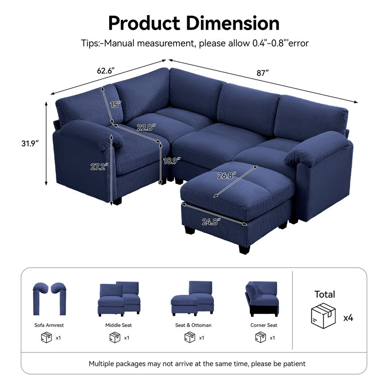 Canapé modulaire 5 places avec accoudoirs coussinés, 4 sièges + 1 repose-pieds, Bleu