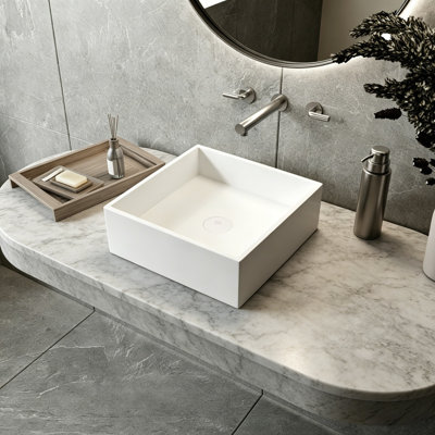 15.8" Matte White Square Vessel Bathroom solid surface Sink