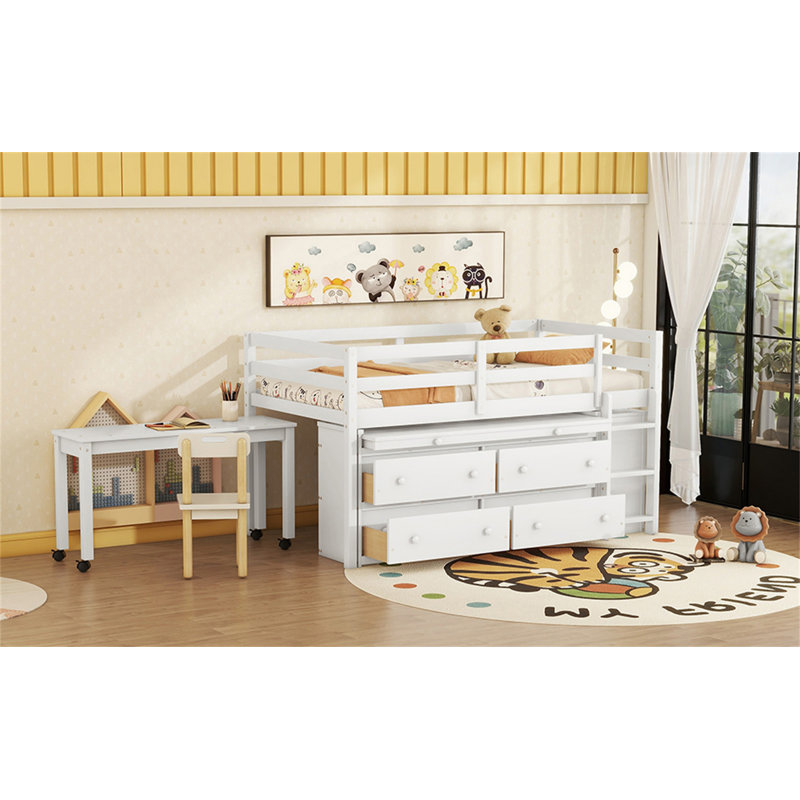 Lit mezzanine simple en bois avec bureau d'écriture rétractable, Blanc