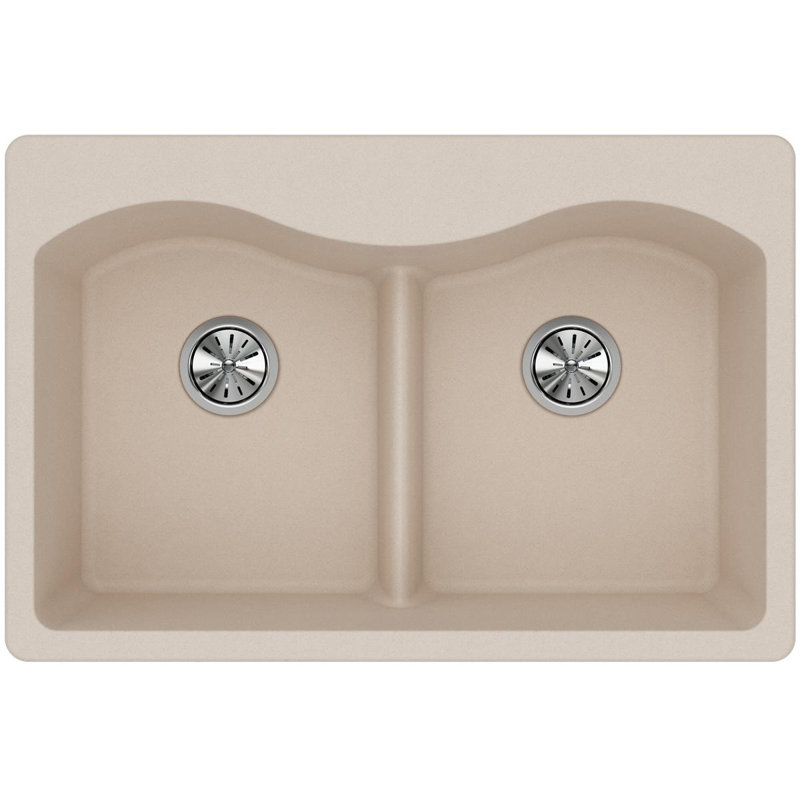Quartz Classic 33" x 22" x 9-1/2" Double Basin Drop-in Kitchen Sink with Mounting Hardware, Putty