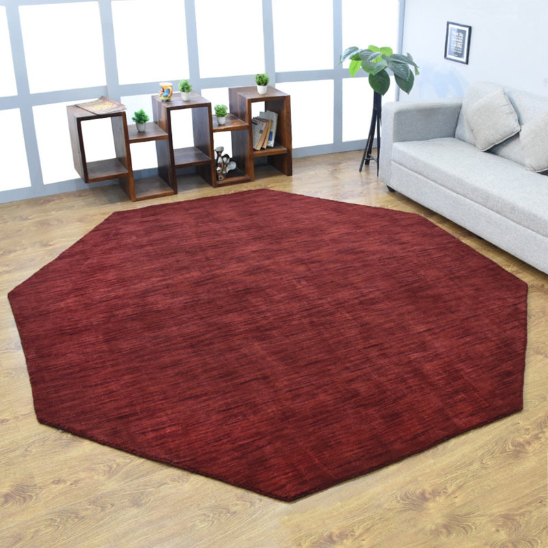 Tapis écologiques en laine nouée à la main de style tissé à la main Manns - Octogone, couleur rouge foncé, conception unie unie, tapis épais antidérapants faits à la main pour salon, chambre à coucher