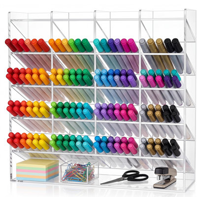 Multi-Compartment Marker Storage Caddy, Clear Acrylic Desk Organizer & Pen Holder - for Office/School Supplies, Art Tools & Makeup