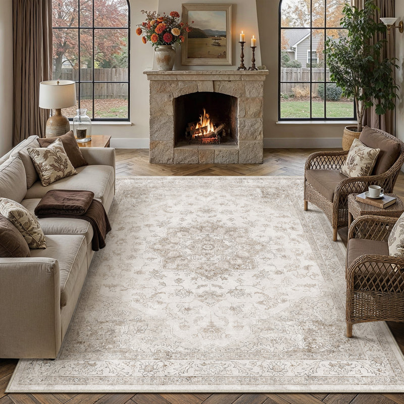 Stella Machine Washable Oriental Area Rug, Ivory, Rectangle 8' x 10'