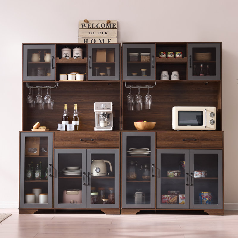 71" Tall Kitchen Pantry Cabinet Storage Cabinet with Charging Station, LED Lights, Glass Doors, Wine Storage and Adjustable Shelves