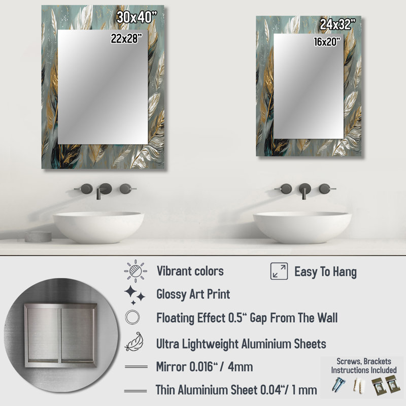 Plume dorée Extravaganza I - miroir décoratif en plumes Glam, miroir mural moderne, impression d'art en métal, 40 po x 30 po