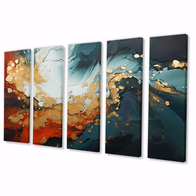 «Blue and Golden Marble Storm IV», peinture abstraite, 5 pièces
