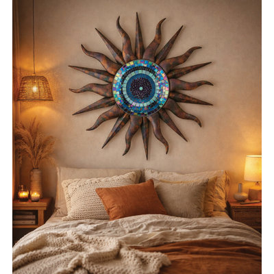 36 Inch Sun Metal Outdoor Wall Decor with Multi Color Weather Resistant Finish for Indoor and Outdoor Home Accent - Indigo