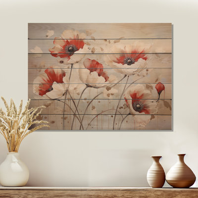 «Blossoms Of Grace Minimalisme Poppies» - coquelicots, art sur bois de pin naturel