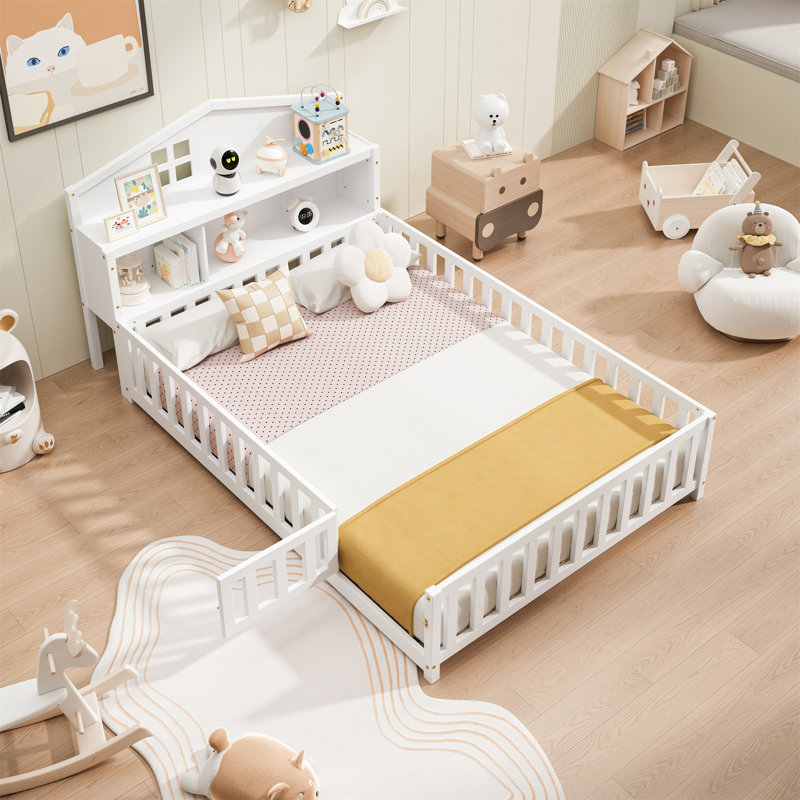 Montessori Floor Bed With Bookcases And Blackboards, White