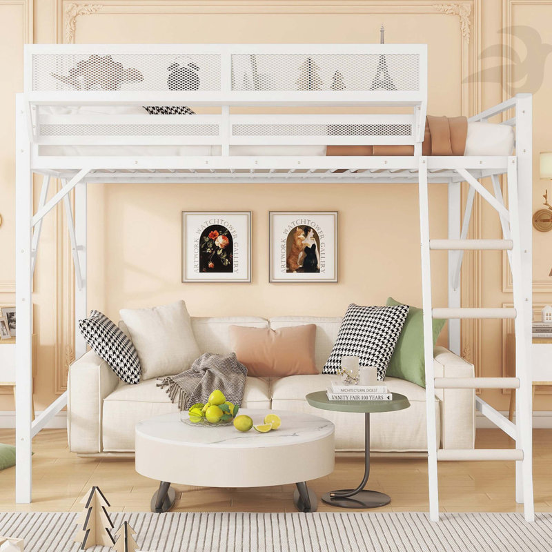 Lit mezzanine double avec échelle, lit mezzanine double en métal avec tablettes de rangement, lit mezzanine pour enfants, blanc