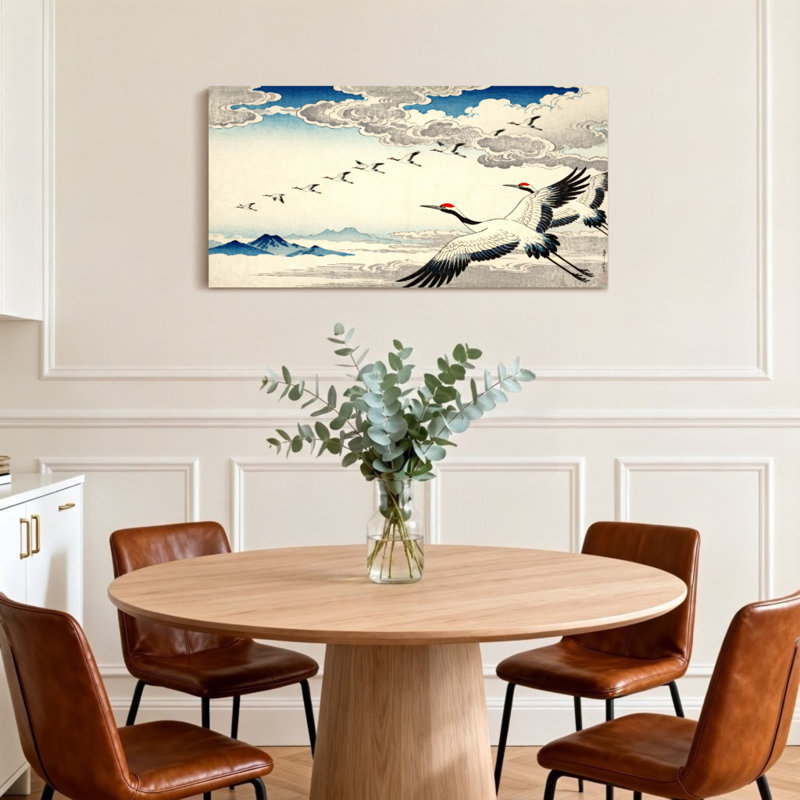 Paysage et nature, grues volantes, montagnes, ciel, impression d'art, H 24 po x l 48 po