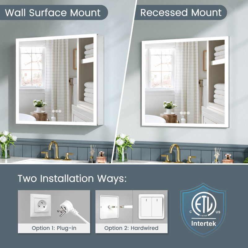 Recessed or Surface LED Mirror Medicine Cabinet, Defogger, Touch Sensor, Dimmer, Outlets and USBs, 30" H x 36" W x 5.47" D