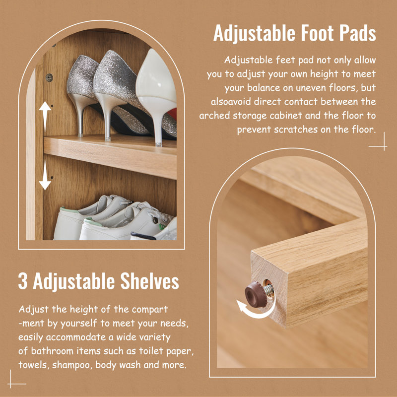 71" Tall Arched Bathroom Storage Cabinet, Natural, 70.9" H x 17" W x 13.75" D