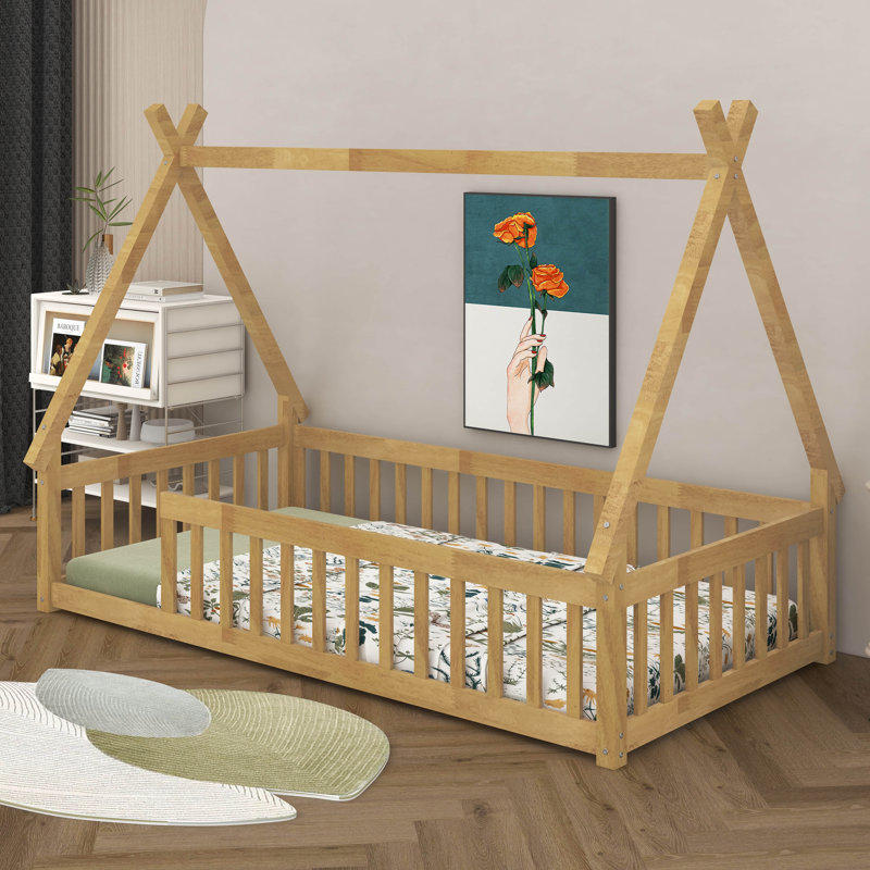 Lit simple en bois en forme de tente avec garde-corps, Naturel