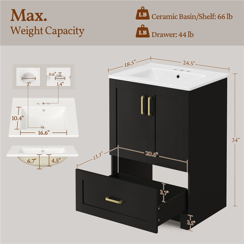 Modern Freestanding Bathroom Vanity with Ceramic Basin, Black 