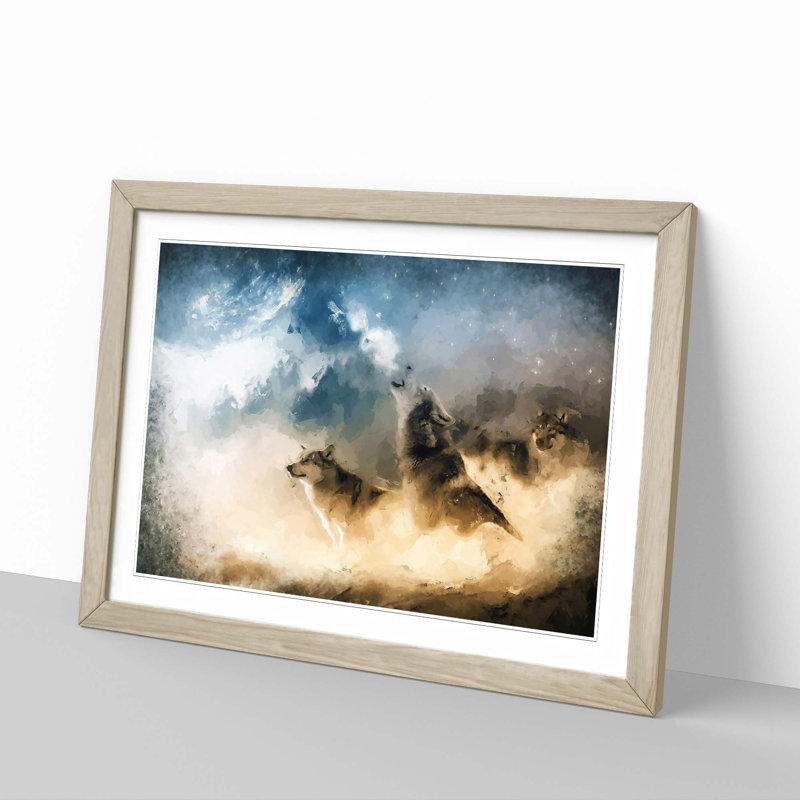 Wolves Howling in the Forest in Abstract - Framed Print, 60cm H x 91cm W x 2cm D, Oak