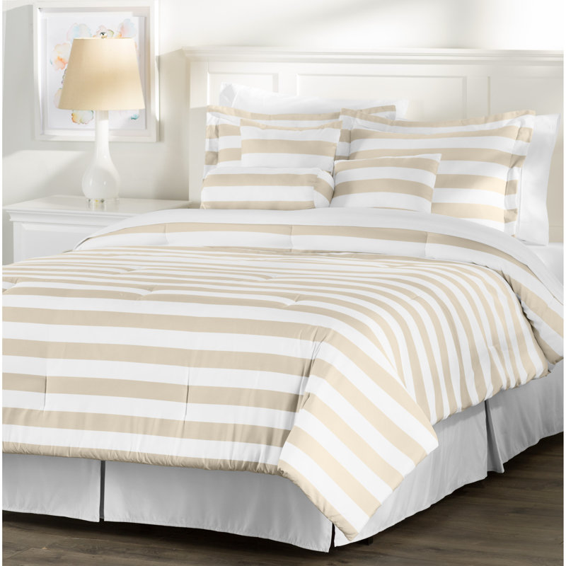 Basics Polyester Standard Striped Comforter, Twin, White / Taupe