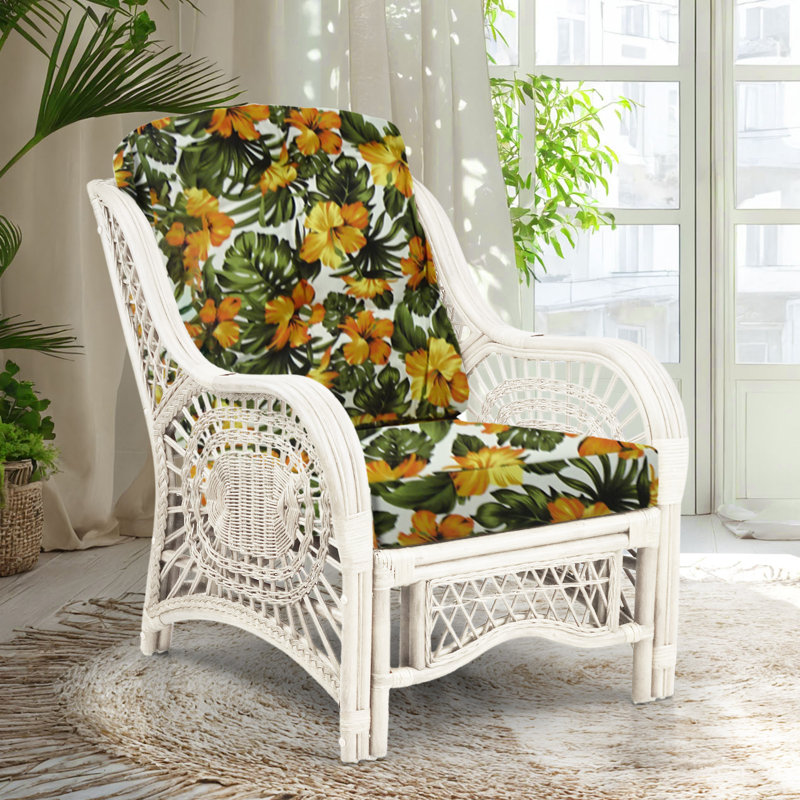 Agambir 28 inches Wide Tufted Velvet Armchair, Natural Rattan, White, Green/Yellow Tropical