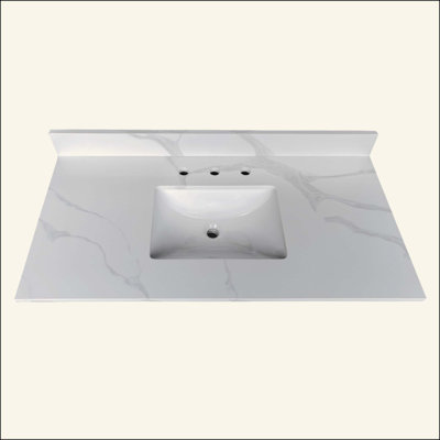 Dessus de meuble-lavabo en quartz, lavabo central encastré à simple cuve de 3/4 po d'épaisseur, dosseret de 4 po de hauteur, 3 trous de robinet pré-percés, résistant aux taches et à la chaleur, quartz avec veines