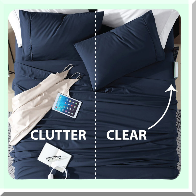 UltraSoft Pocketed Navy Sheet Set - Smart Microfiber Fitted Bed Sheets with Storage Pockets for a Cozy Night's Sleep.